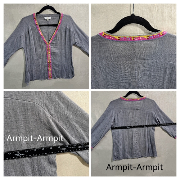 THML Wmn Med Aztec Tribal Embroidery VNeck Pullover Boho Hippie Woven Tunic Top - Picture 6 of 10